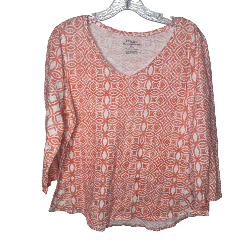 Chicos The Ultimate Tee Womens Orange Geometric Print V Long Sleeve Top‎ 2(L)